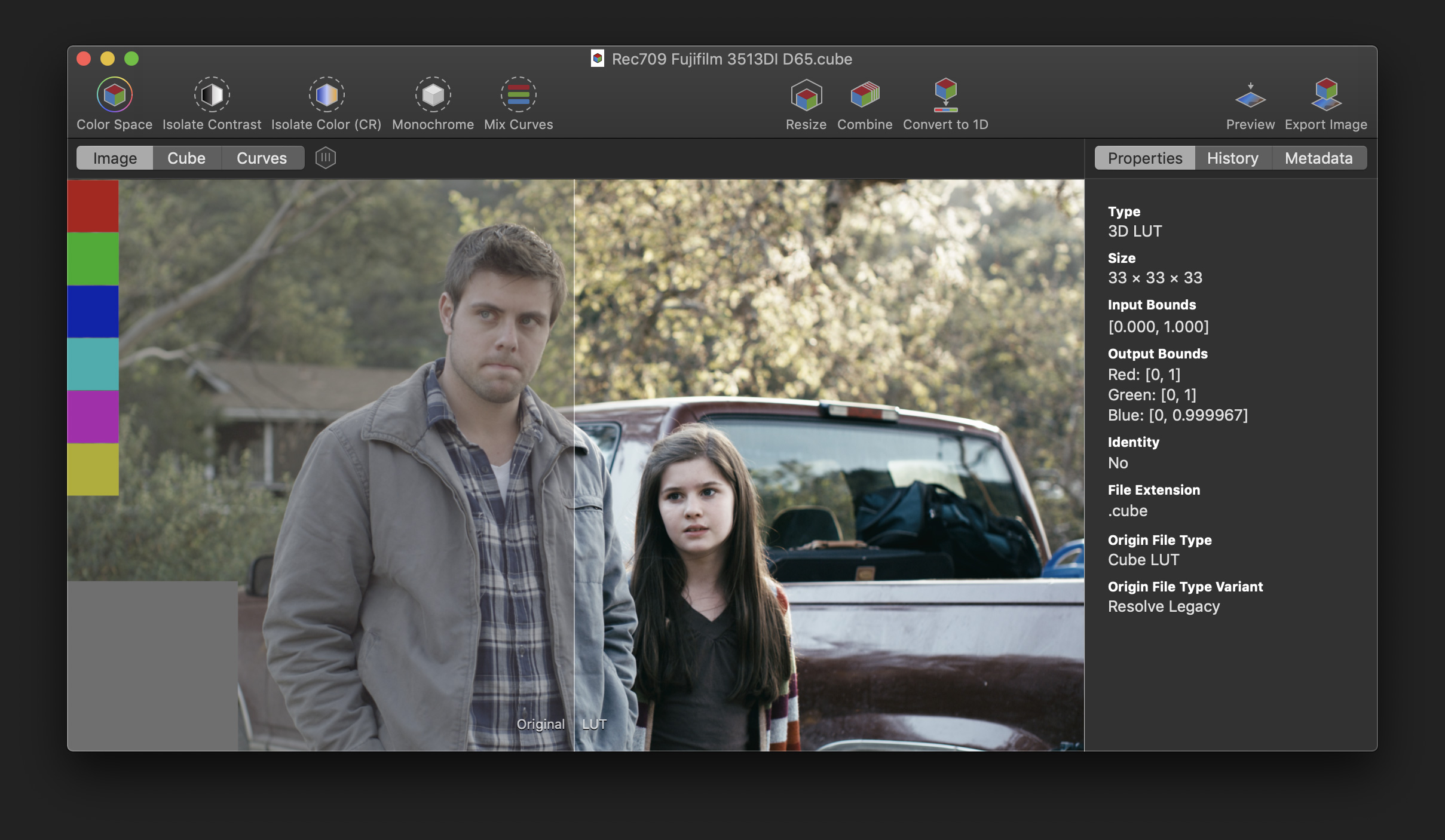 Screenshot of Lattice, an application for previewing, transforming, and exporting LUTs.